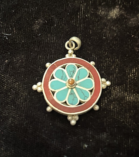Dharmachakra pendant silver with stones 2.5cm